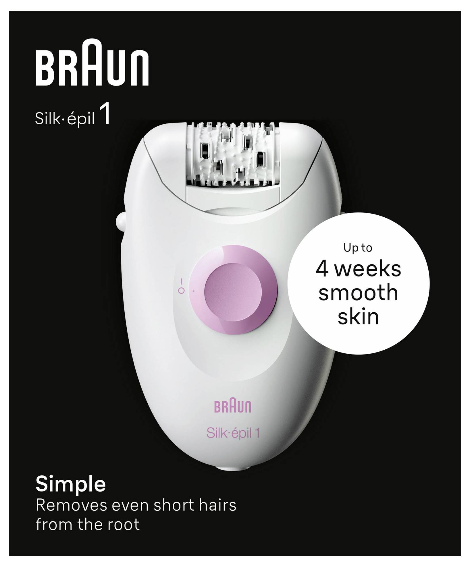 Braun Silk-épil 1 Epilierer - Werbeanzeige mit dem Gerät und dem Claim „Bis zu 4 Wochen glatte Haut