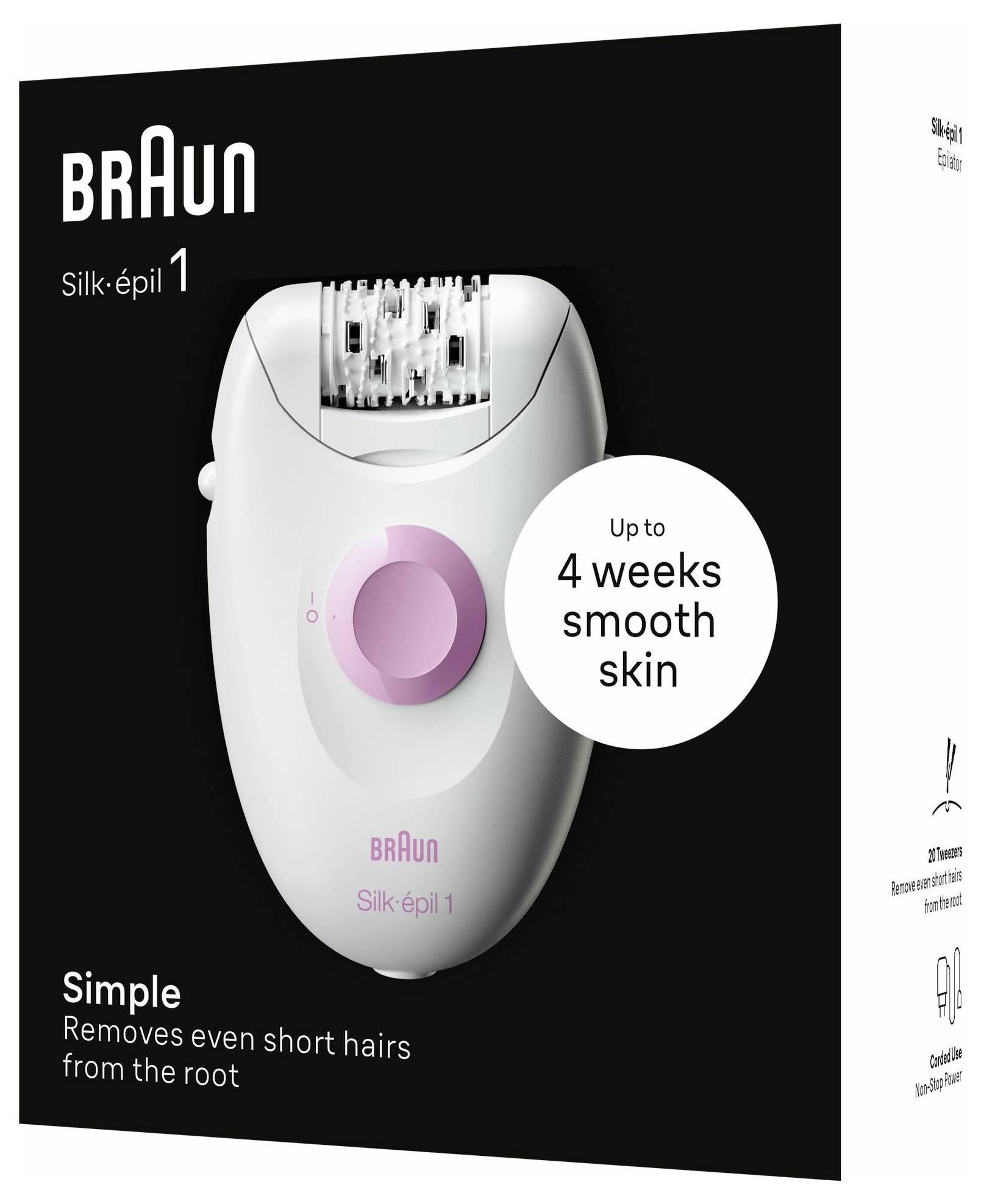 Braun Silk-épil 1 Epilator-Packung mit Gerät und Angabe „Bis zu 4 Wochen glatte Haut