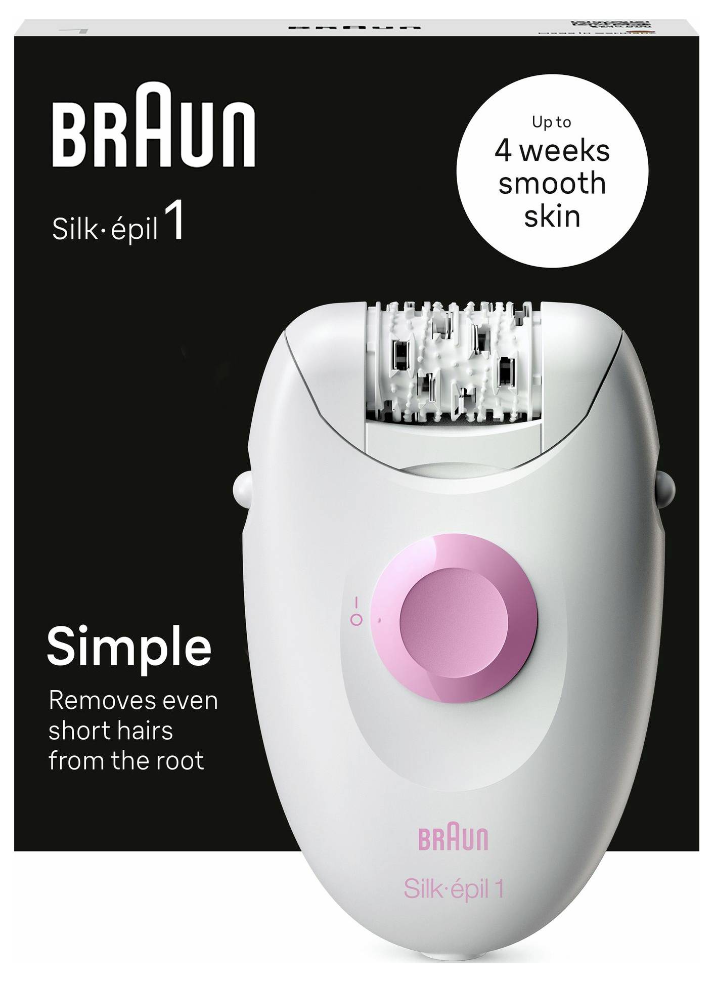 Braun Silk-épil 1 Elektro-Haarentferner auf schwarzer Verpackung, mit der Aufschrift „Bis zu 4 Wochen glatte Haut
