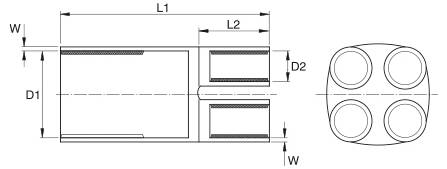 Technische Zeichnung eines Steckers mit Seiten- und Vorderansicht mit beschrifteten Abmessungen L1, L2, W, D1 und D2 für das Gehäuse und vier kreisförmigen Anschlüssen.