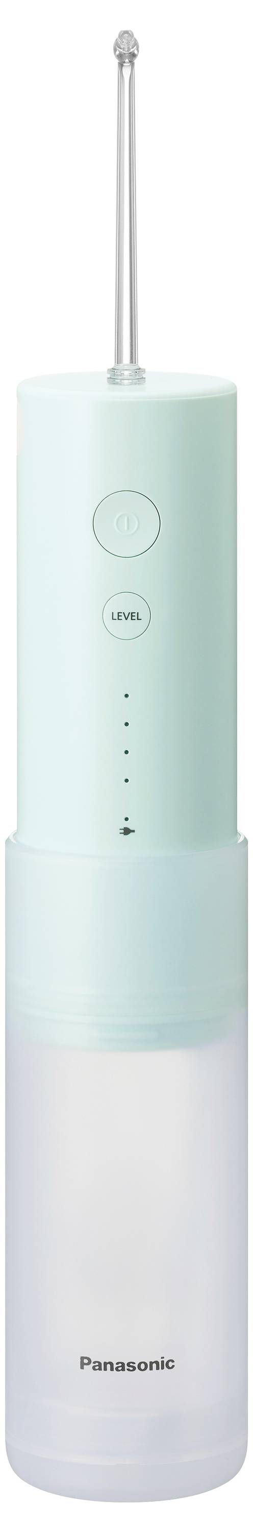 Ein schnurloses Wasser-Zahnseide-Gerät von Panasonic mit mintgrünem Gehäuse, durchsichtigem Wassertank und langem Metallaufsatz.