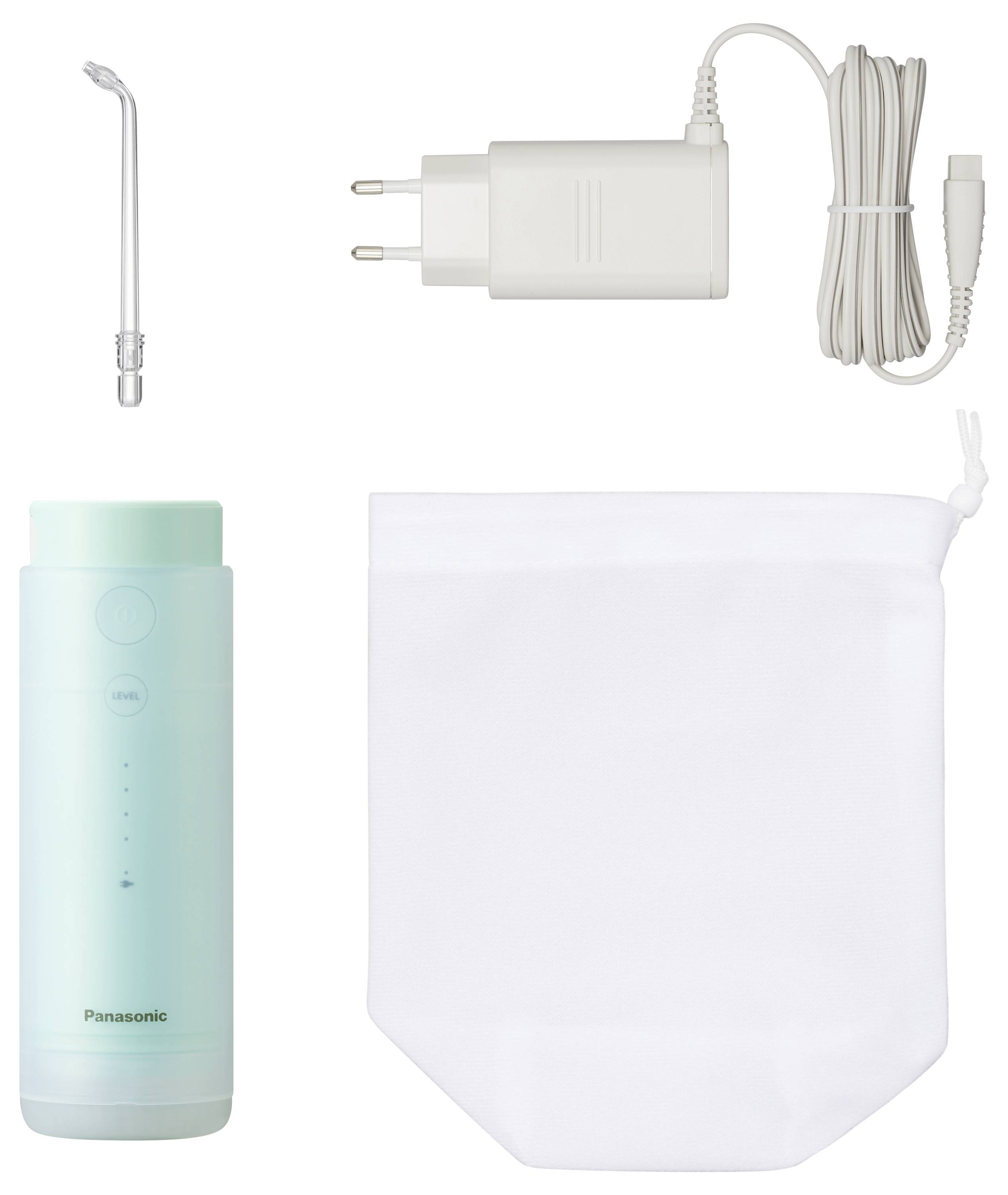 Panasonic elektrische Zahnseide mit Netzteil, Düse und weißem Wasserbehälterbeutel als enthaltene Komponenten abgebildet.