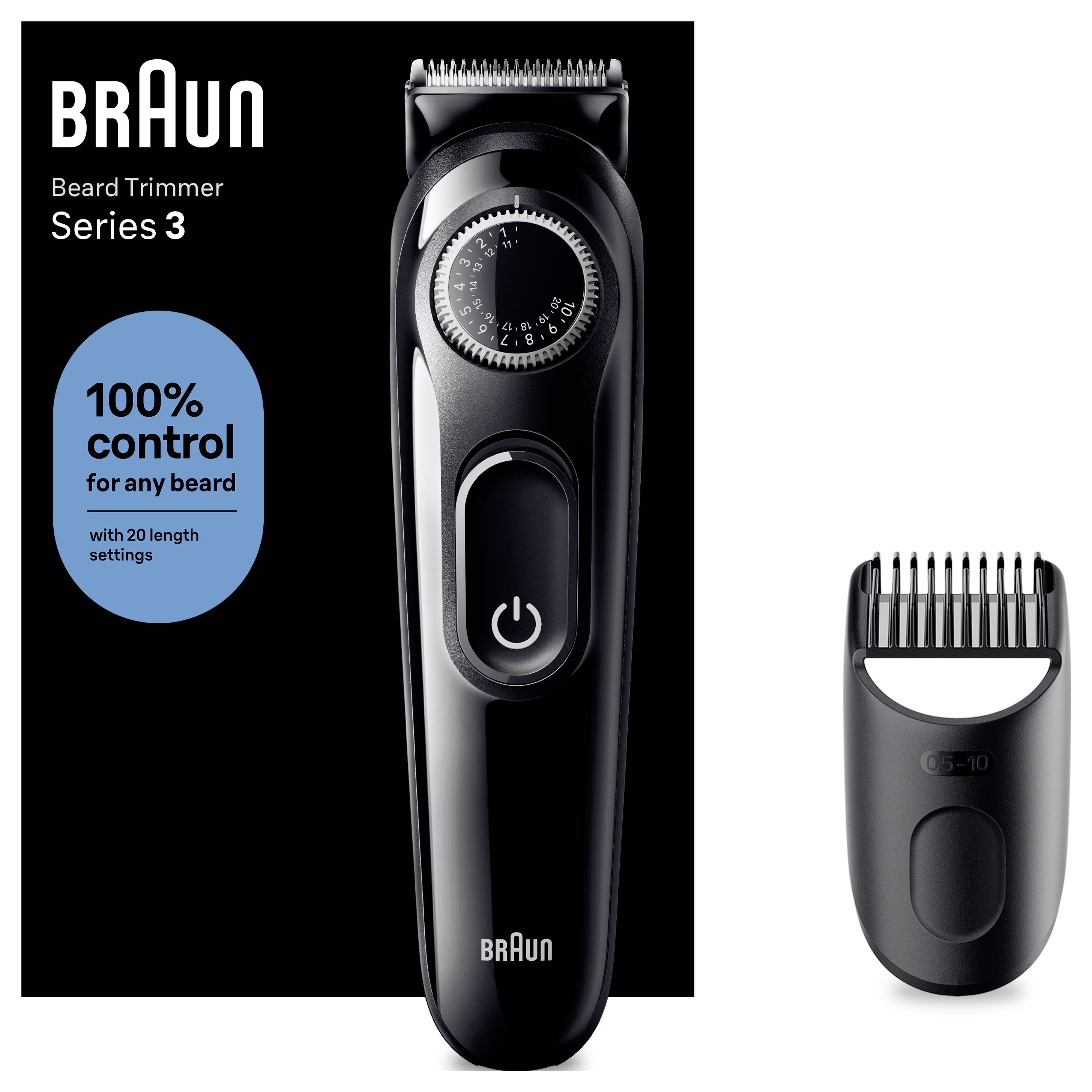 Braun Bartschneider Serie 3 Anzeige mit Bartschneider und Aufsatz, mit Text 