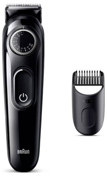 Braun elektrischer Haarschneider mit verstellbarem Drehregler, dargestellt mit einem kleineren abnehmbaren Trimmer-Aufsatz auf weißem Hintergrund.