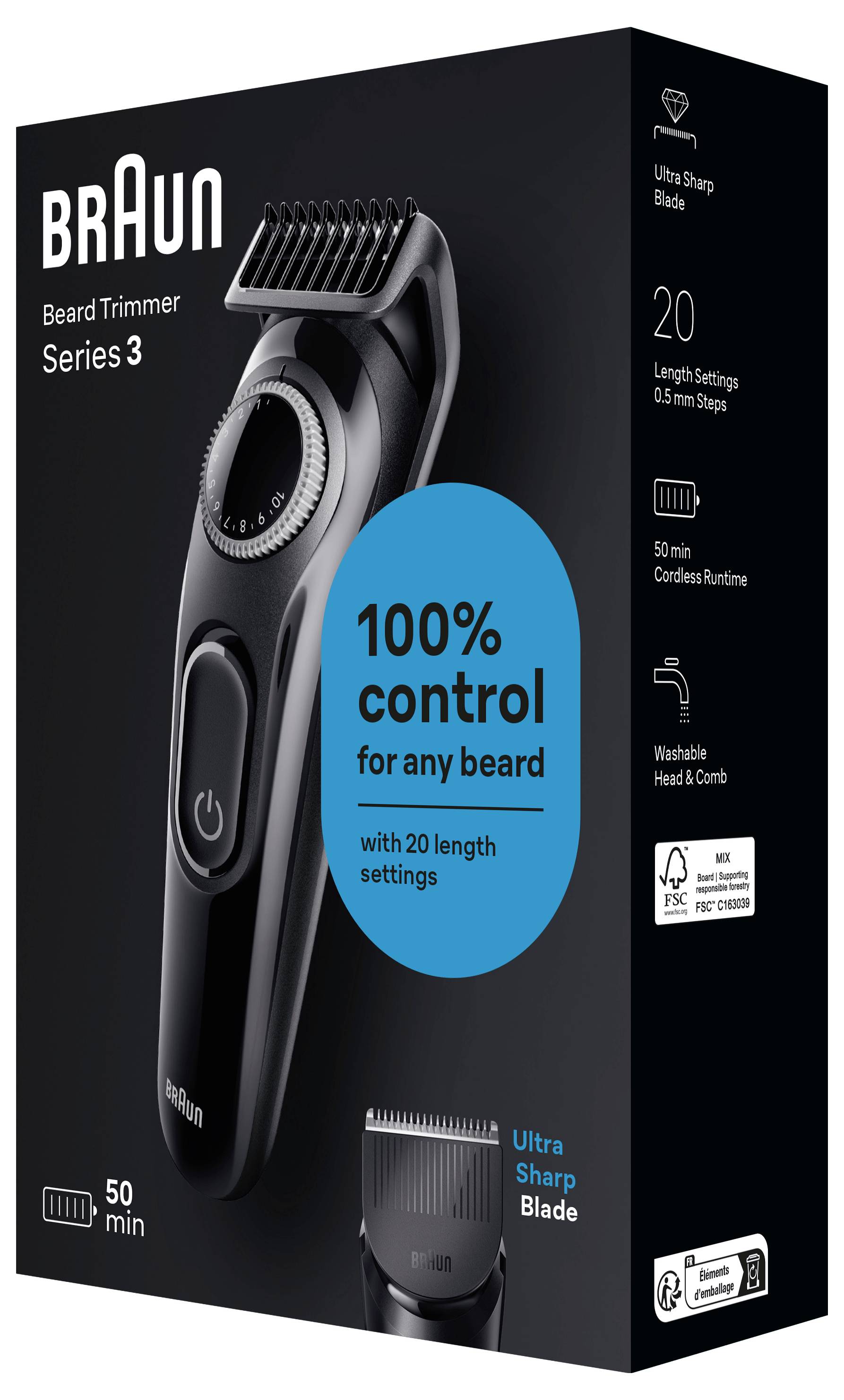 Braun Bartschneider Series 3 Verpackung mit dem Bartschneider, beschriftet mit „100% Kontrolle für jeden Bart