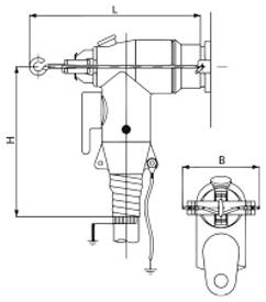 Technische Strichzeichnung eines pneumatischen Werkzeugs in Seiten- und Vorderansicht mit beschrifteten Abmessungen L, H und B sowie einem hängenden Stromkabel.