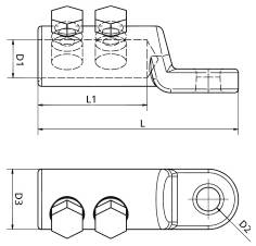 Technische Strichzeichnung eines mechanischen Verbinders mit zwei sechskantigen Schraubenkopfen, die Seiten- und Draufsicht mit Abmessungen L, L1, D1, D2 und D3 zeigen.