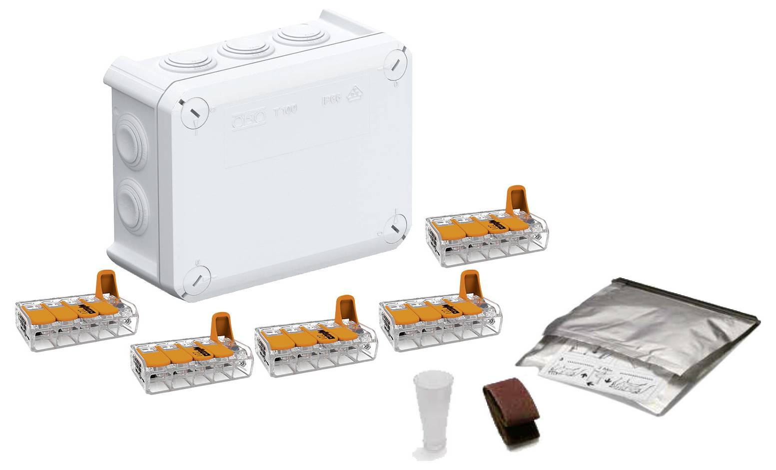 Elektrische Verteilerdose mit mehreren Steckverbindern, einer Drahtklammer, einer Isolierhülle und einer Hardwaretasche, angeordnet als Bausatz.