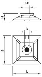Technische Maßzeichnung eines quadratischen Flanschteil mit zentralem Loch, zeigend Seiten- und Draufsicht mit den Bezeichnungen H, KB, D, B und L.