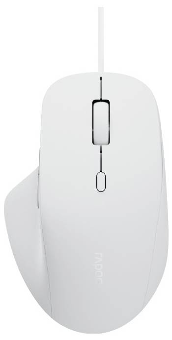 Weiße schnurgebundene Computermaus mit Scrollrad und zwei Tasten, von oben gezeigt.