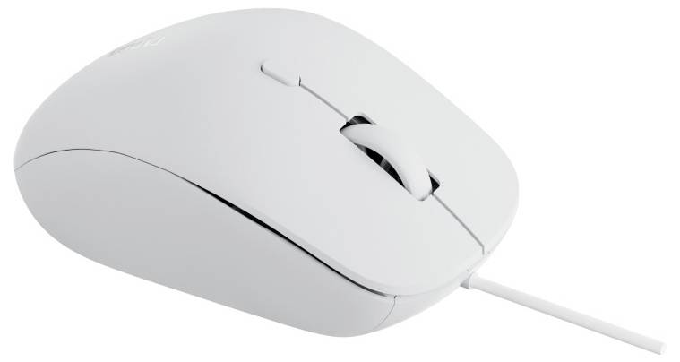 Weiße kabelgebundene Computermaus mit Scrollrad auf einfachem Hintergrund.