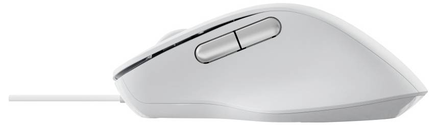 Seitenansicht einer weißen schnurlosen Computermaus mit zwei Tasten und einem Scrollrad.