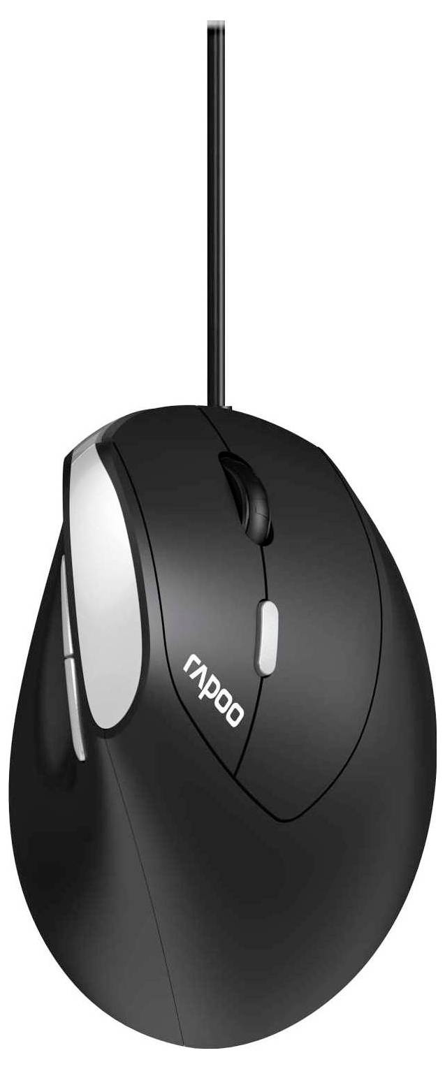 Schwarze kabelgebundene Computermaus mit silbernem Seitenpaneel und 'Rapoo'-Logo, auf weißem Hintergrund gezeigt.