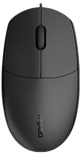 Schwarze Rapoo-kabelgebundene Computermaus, von oben gezeigt, mit sichtbarem Scrollrad und Logo.