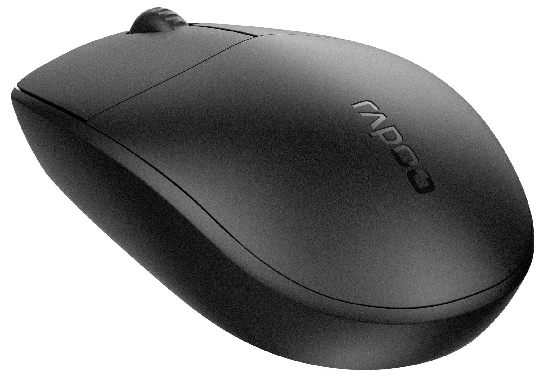 Schwarze kabellose Computermaus mit glatter geschwungener Form und Codi-Logo oben.