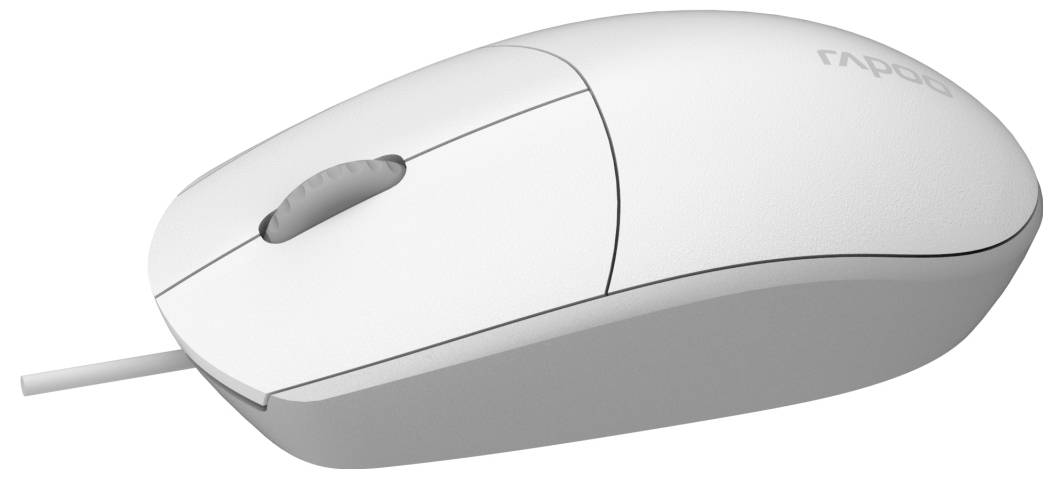 Weiße Computermaus mit Kabel und Scrollrad, in Seitenansicht vor neutralem Hintergrund dargestellt.