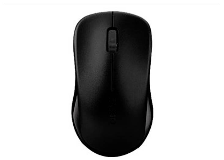 Schwarze kabellose Computermaus von oben auf weißem Hintergrund betrachtet.