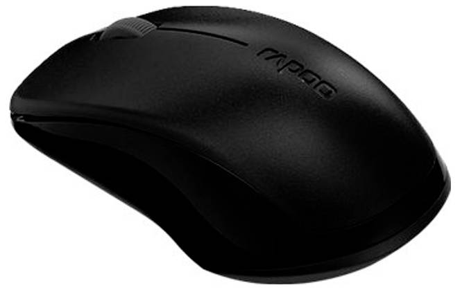 Schwarze kabellose Computermaus mit ergonomischem gebogenem Design und Scrollrad, dargestellt auf weißem Hintergrund.