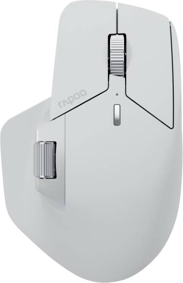 Hellgraue ergonomische kabellose Rapoo-Maus mit Daumenschrollrad und oberem Scrollrad.