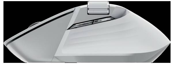 Seitenansicht einer eleganten weißen Computermaus mit einem Scrollrad, dargestellt vor schwarzem Hintergrund.