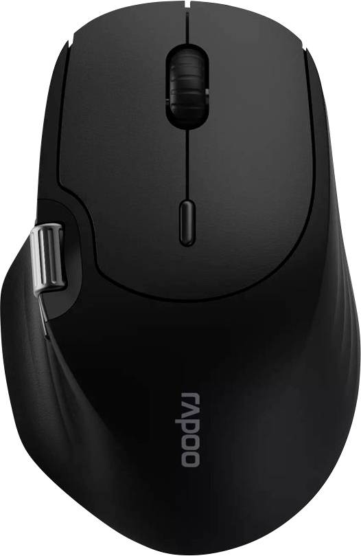 Wireless Computermaus von Rapoo in Schwarz mit Scrollrad und Seitendaumentaste.