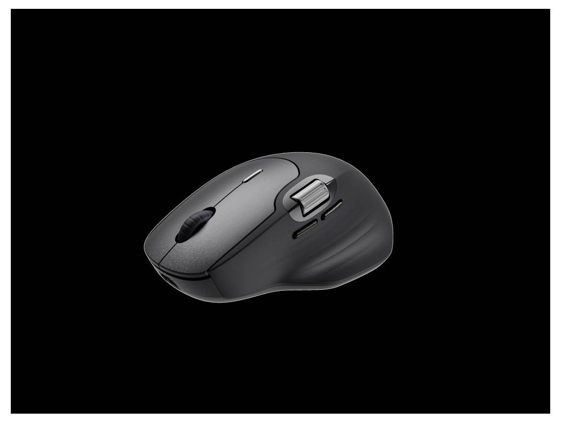 Schwarze ergonomische kabellose Computermaus mit Scrollrad und Seitentasten auf einfarbigem schwarzem Hintergrund