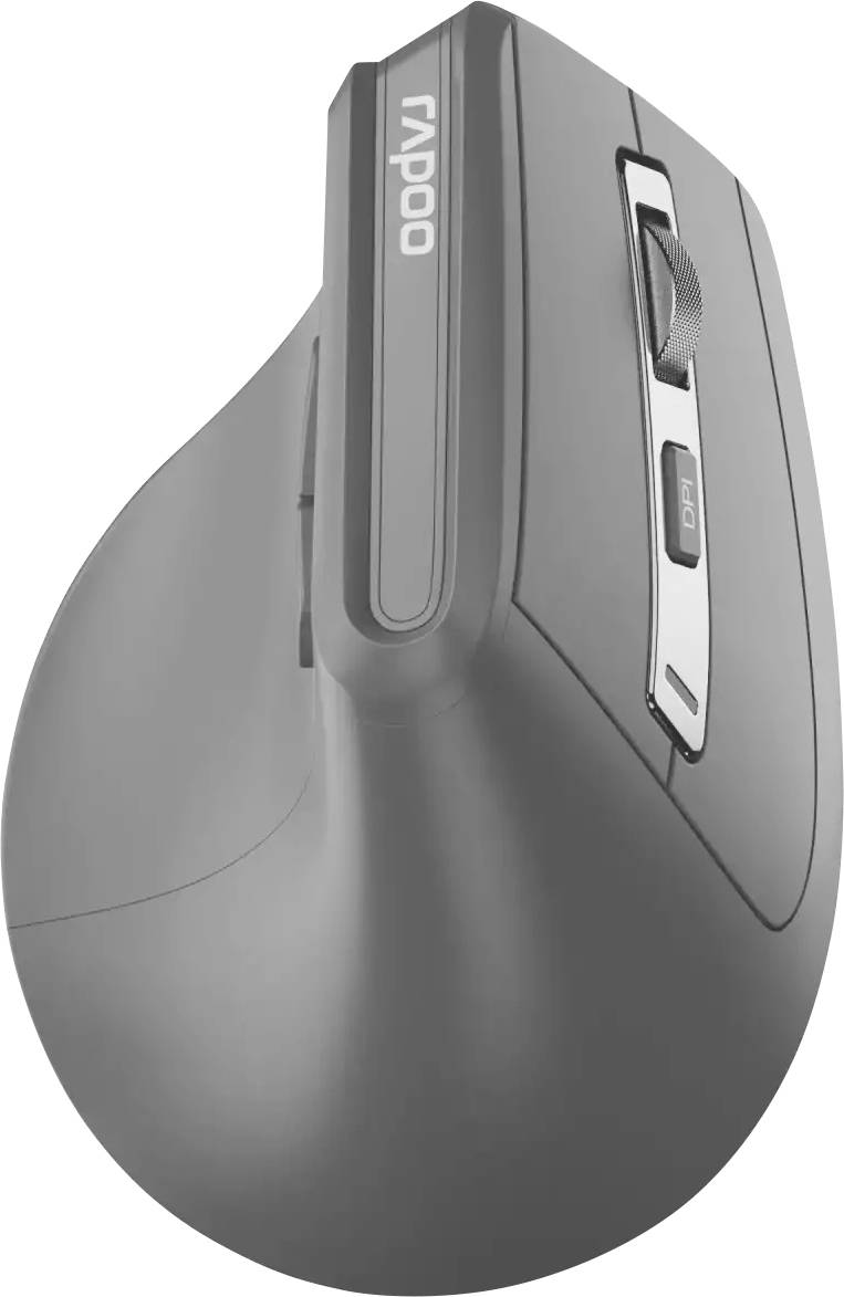Vertikale ergonomische kabellose Maus mit Scrollrad und Seitentasten, dargestellt in Grau auf weißem Hintergrund.