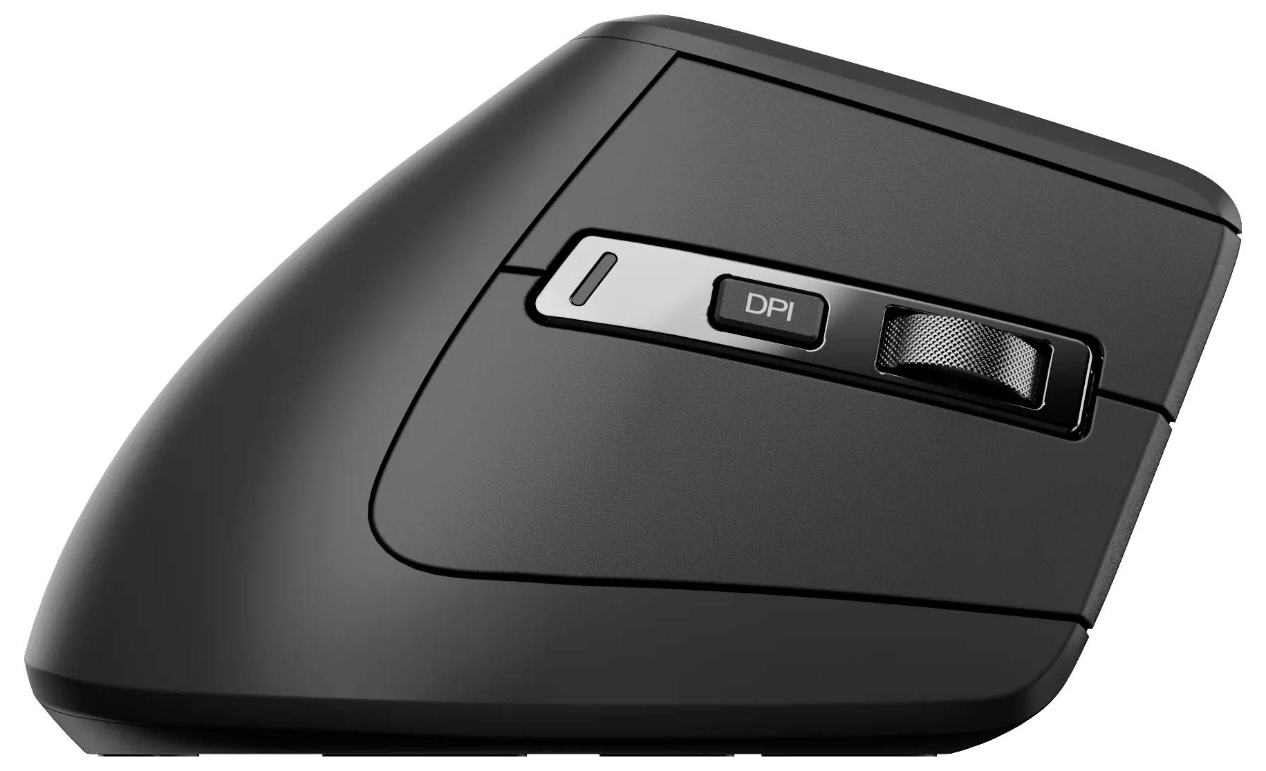 Schwarze ergonomische Computermaus mit einer DPI-Taste und einem Scrollrad oben, abgebildet auf weißem Hintergrund.