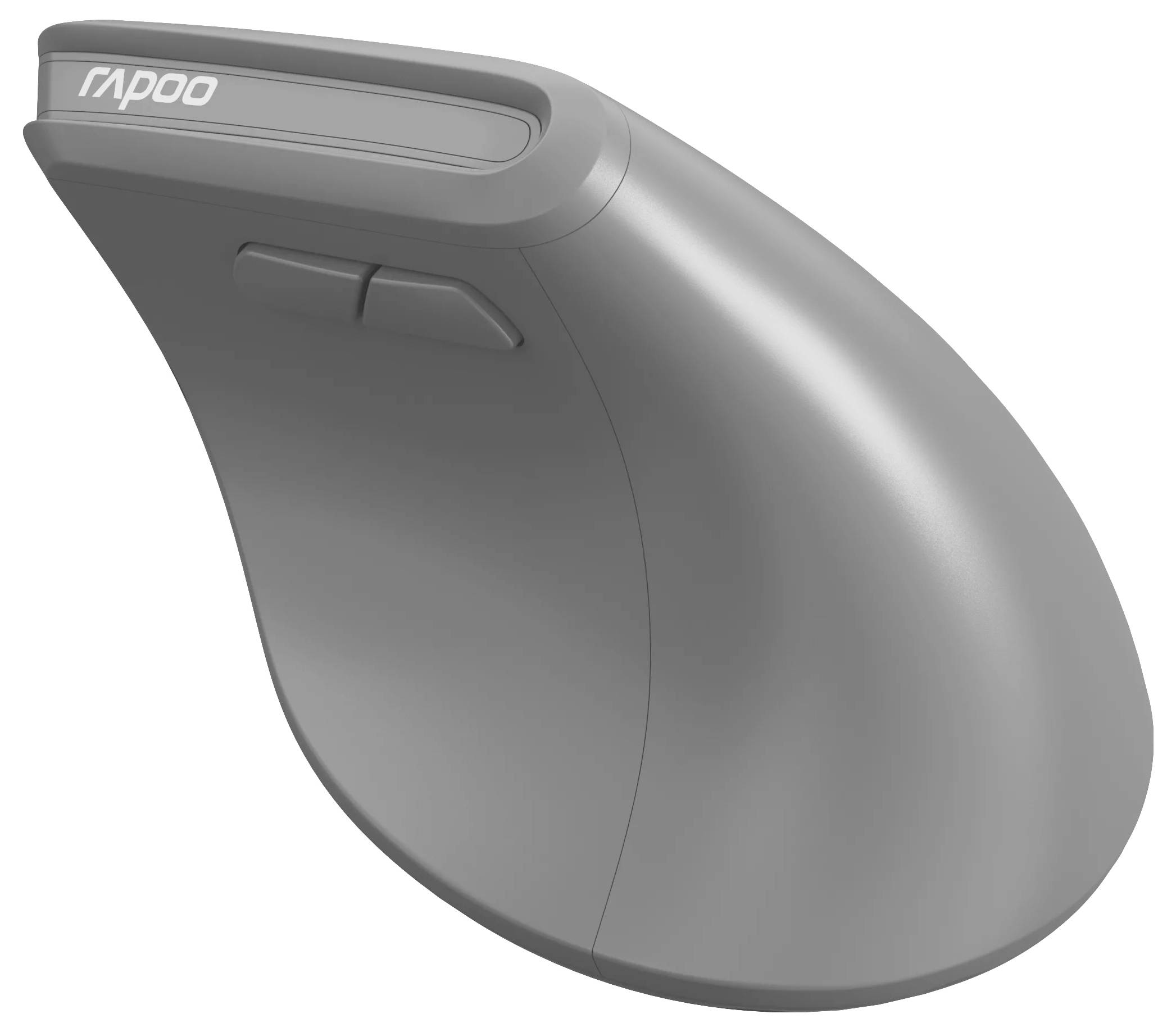 Graue Rapoo-Ergonomiemaus in kabellos dargestellt, in Seitenansicht, mit konturiertem Gehäuse und zwei Seitentasten.