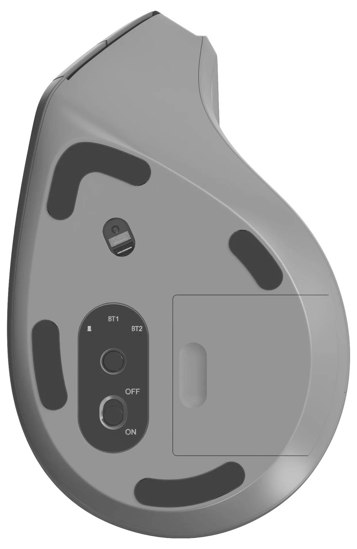 Graues tragbares elektronisches Gerät mit BT1/BT2-Tasten und EIN/AUS-Schalter, Vorderansicht mit dunklen Griffpolstern und einem kleinen Abdeckpanel.