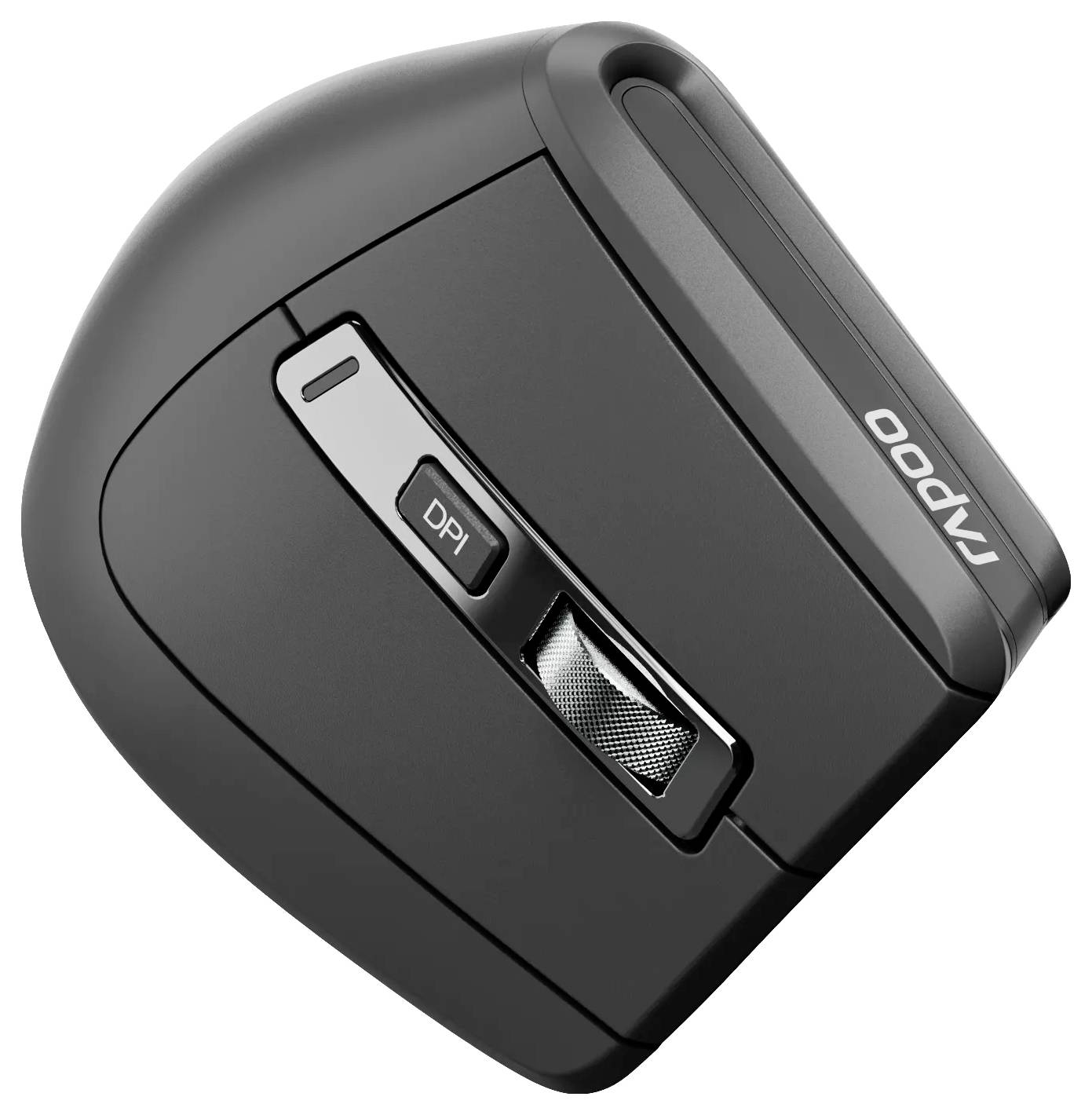 Schwarze RAPOO ergonomische kabellose Maus mit seitlicher 'DPI'-Taste und strukturiertem Scrollrad, dargestellt auf weißem Hintergrund.