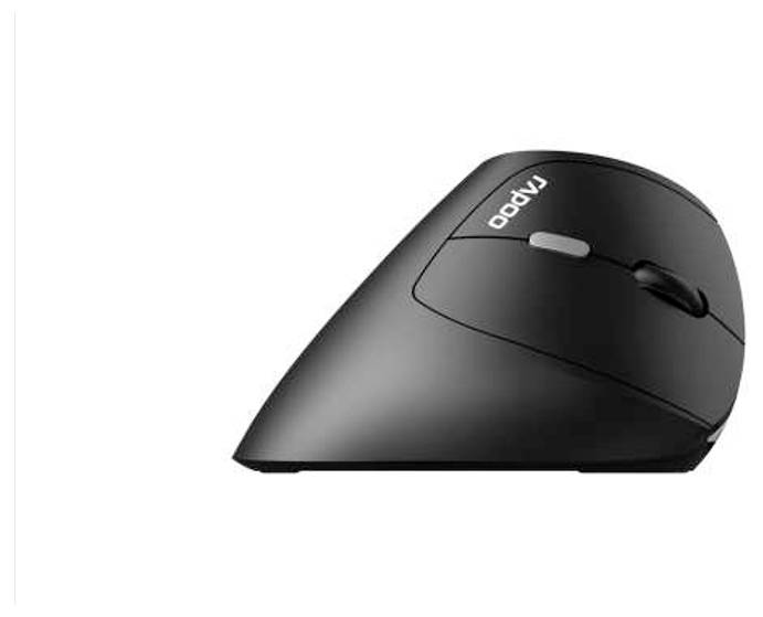 Schwarze ergonomische vertikale kabellose Maus mit Scrollrad und Logo auf weißem Hintergrund.