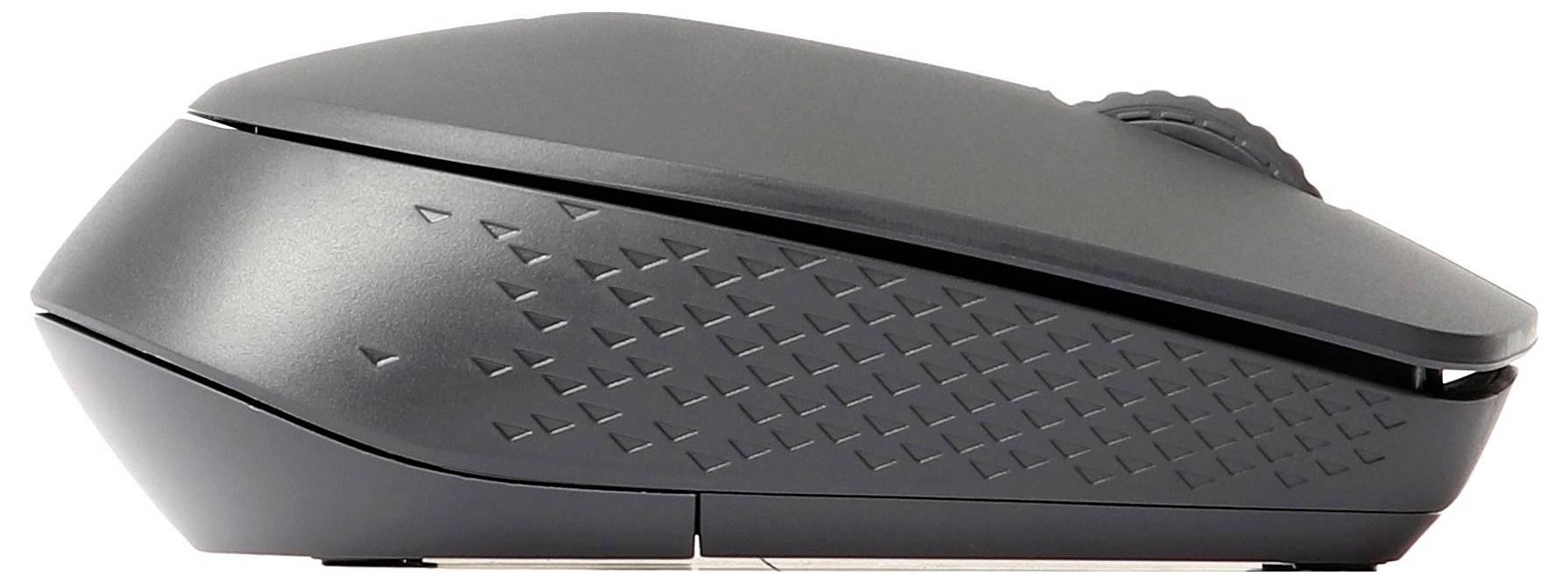 Schwarze kabellose Computermaus in Seitenansicht, mit strukturierter Grifffläche und sichtbarem Scrollrad auf weißem Hintergrund.