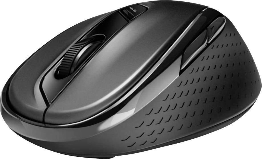 Schwarze kabellose Computermaus mit Scrollrad und Seitentasten, auf weißem Hintergrund dargestellt.