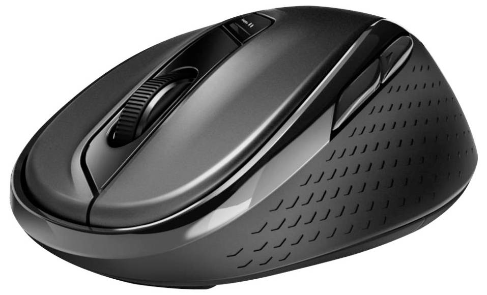 Schwarze ergonomische kabellose Computermaus mit Scrollrad und Seitentasten auf weißem Hintergrund.
