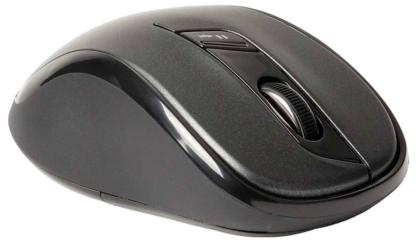 Schwarze ergonomische kabellose Computermaus in Seitenansicht, mit konturiertem Gehäuse und strukturierter Griffoberfläche.