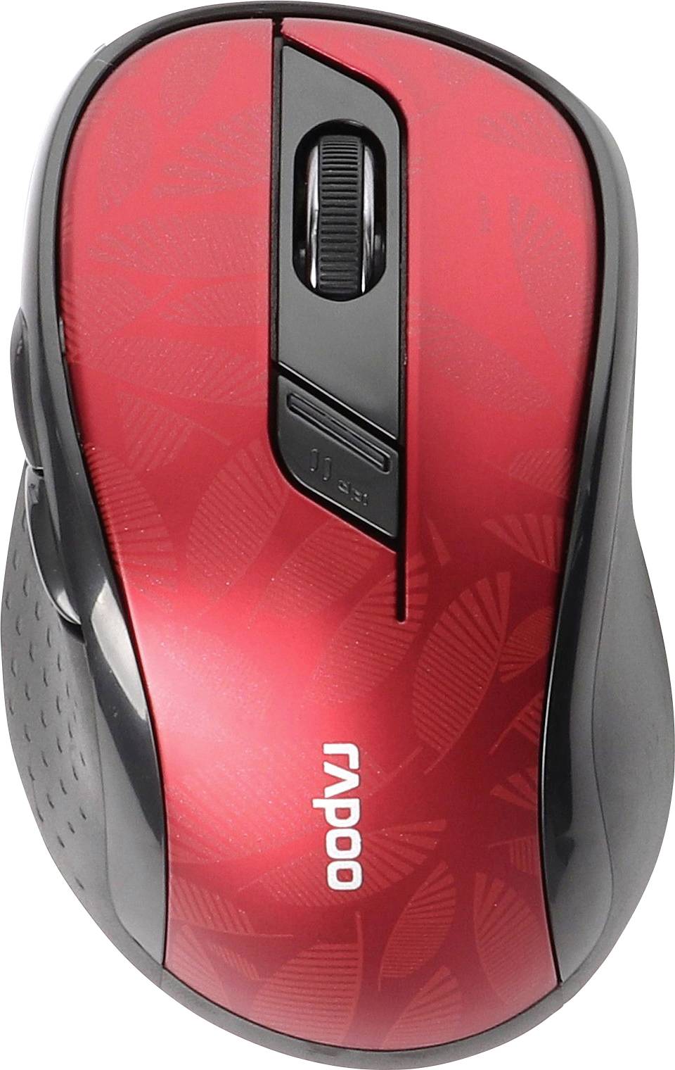 Rote und schwarze kabellose Computermaus mit Scrollrad und Rapoo-Logo.
