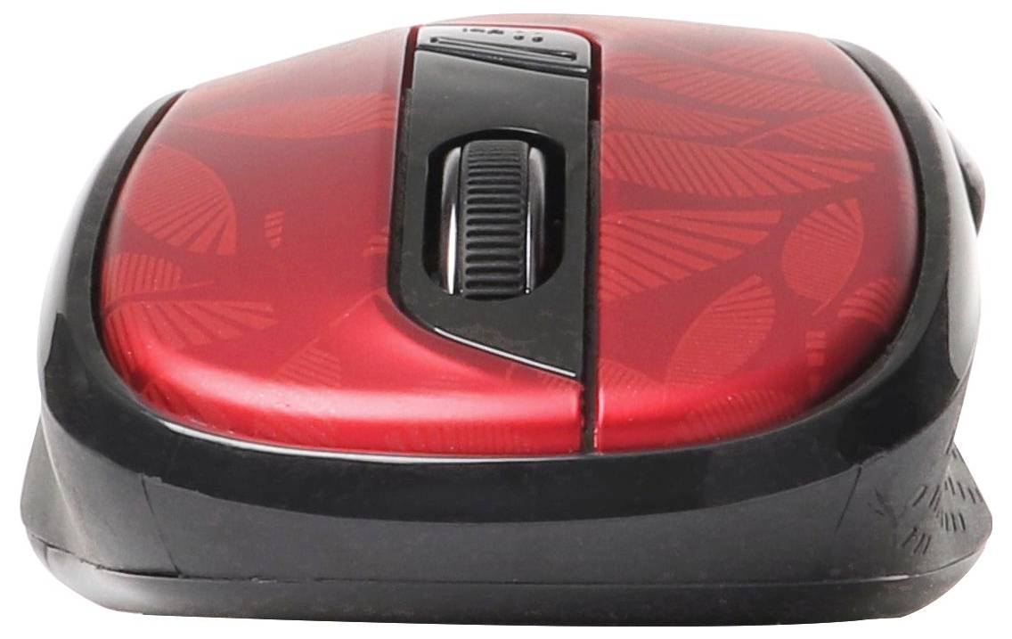 Rote und schwarze kabellose Computermaus mit einem zentralen Scrollrad auf weißem Hintergrund.