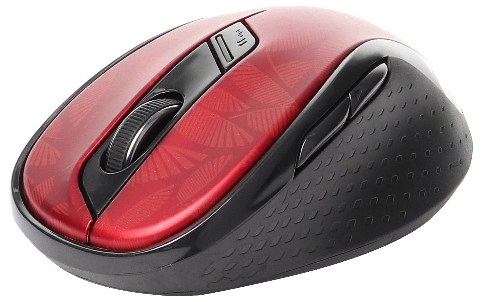 Rote und schwarze kabellose Computermaus mit Scrollrad und Seitentasten auf weißem Hintergrund.