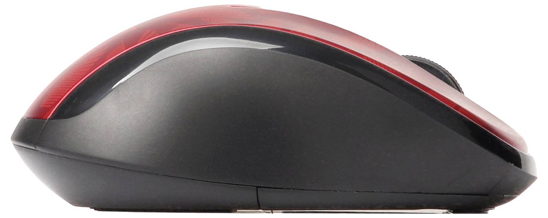 Schwarze kabellose Computermaus mit roten Akzenten, in Seitenansicht auf weißem Hintergrund dargestellt.