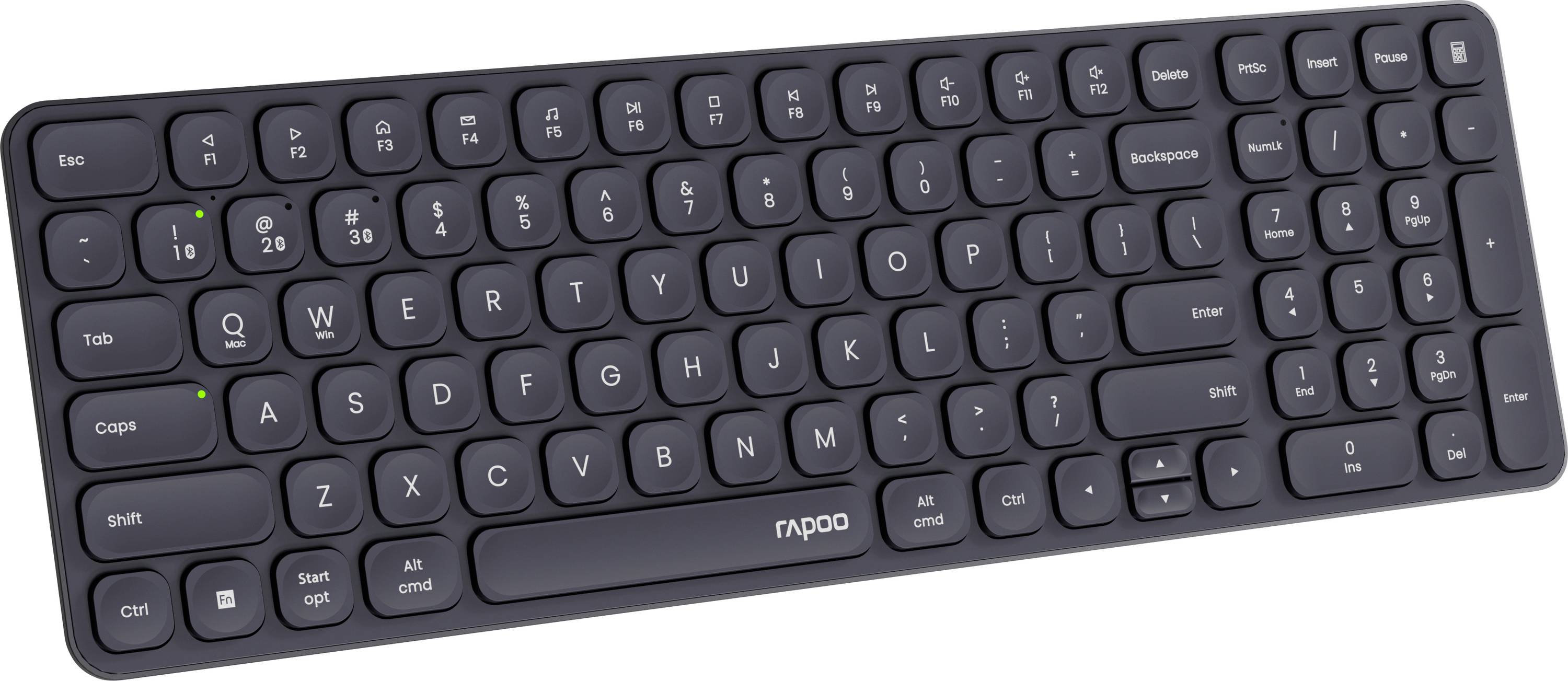Schwarze kabellose Rapoo-Tastatur in Schrägansicht mit kompaktem Layout, Zahlenreihe, Pfeiltasten und weißbeschrifteten Funktionstasten.