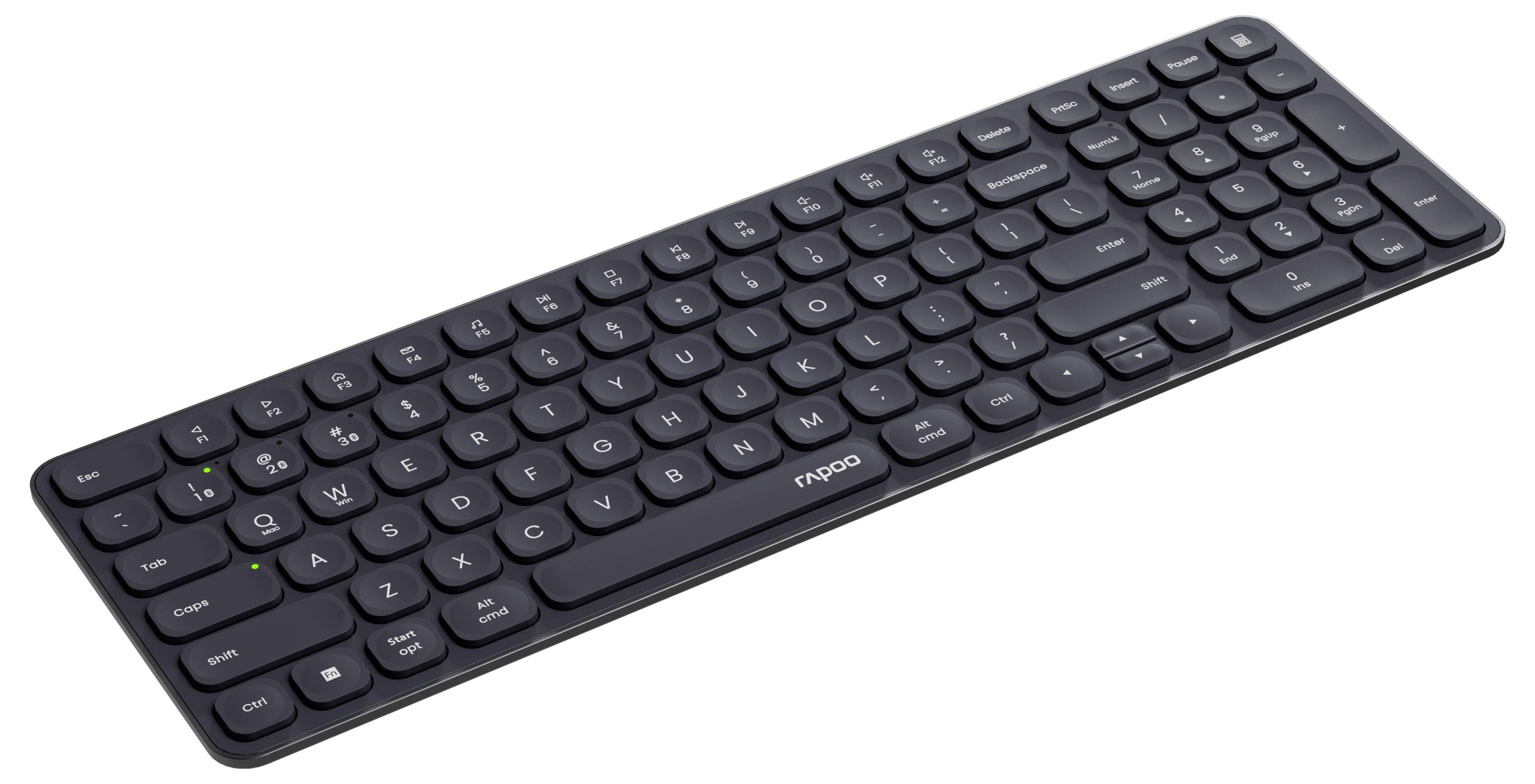 Schwarze kabellose Computertastatur mit kompakten flachen Tasten auf weißem Hintergrund.