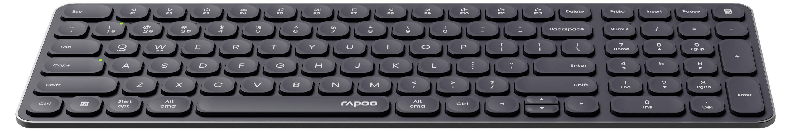 Eine schwarze kabellose Vollformat-Tastatur mit flachen Tasten und numerischem Tastenfeld, von oben fotografiert.