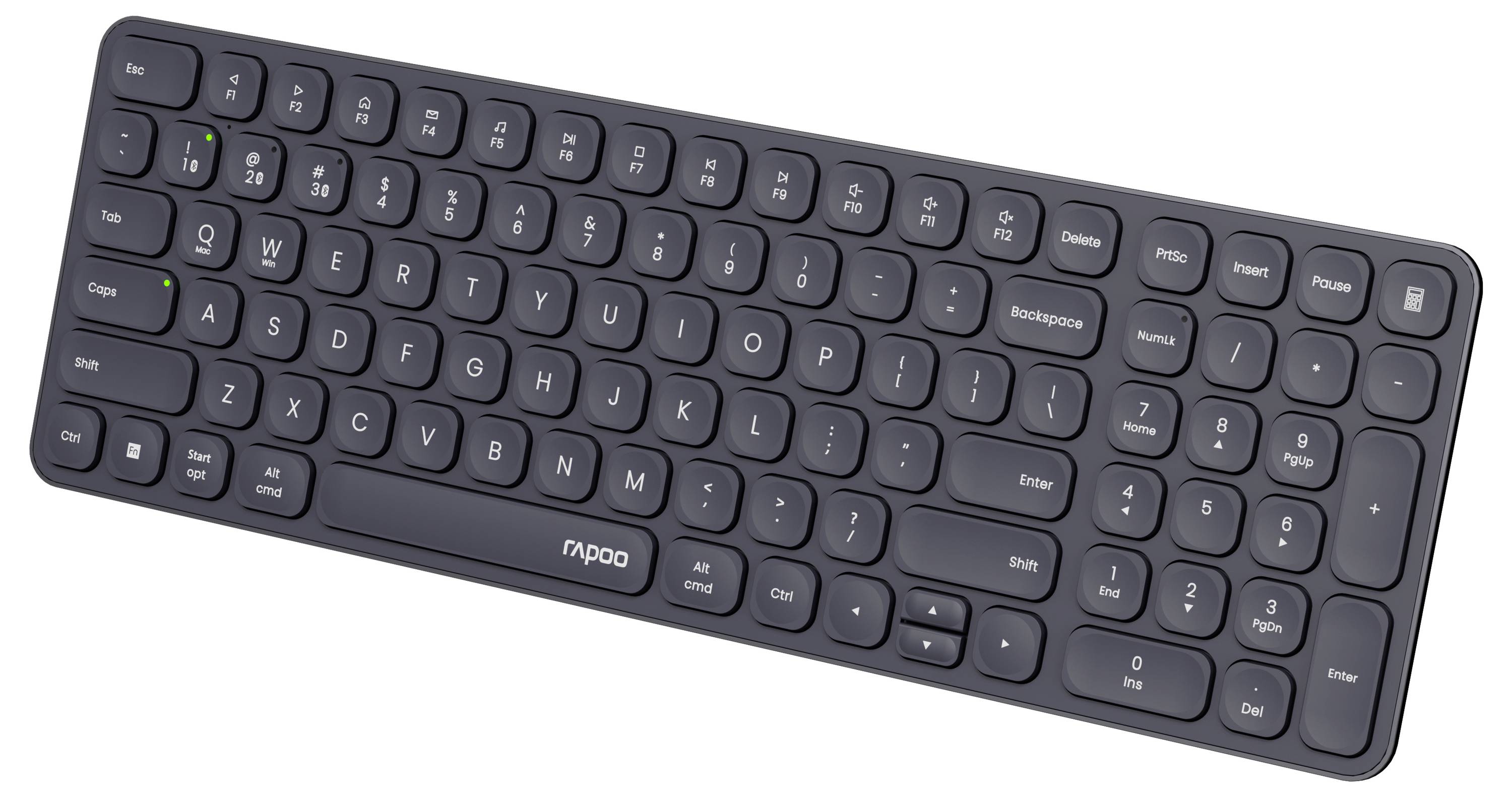 Schwarze kabellose Vollgröße-Tastatur in Schrägansicht mit Ziffernblock und flachen Tasten.