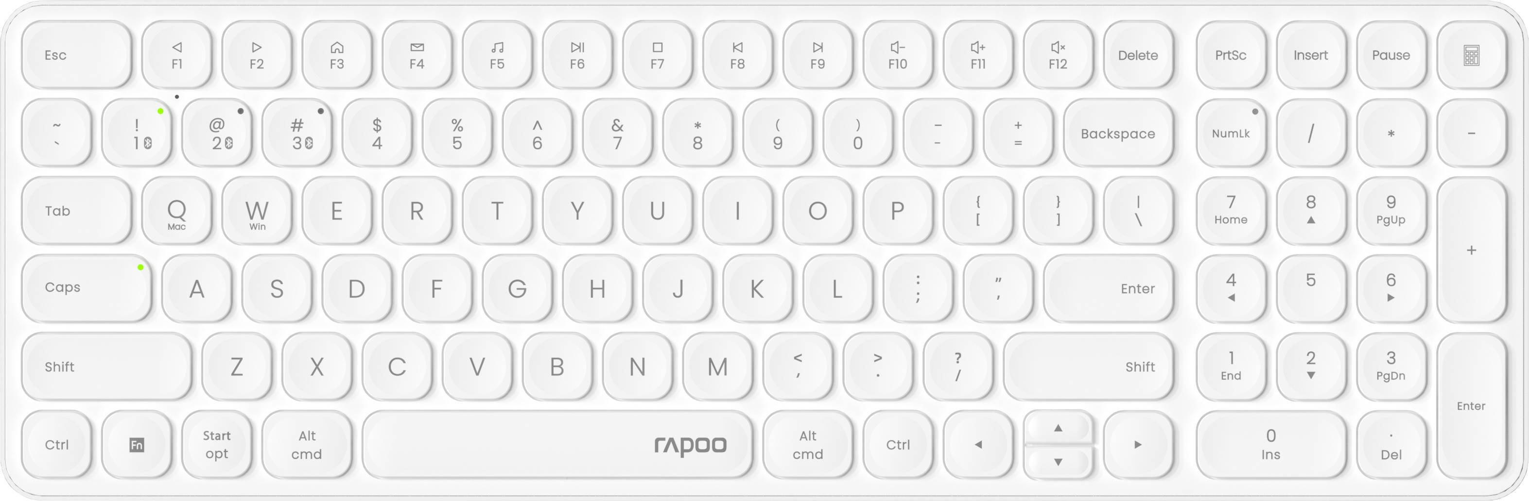 Weiße Rapoo-Funktastatur mit kompaktem Layout, runden Tasten, Ziffernblock und Funktionstasten auf hellem Hintergrund.