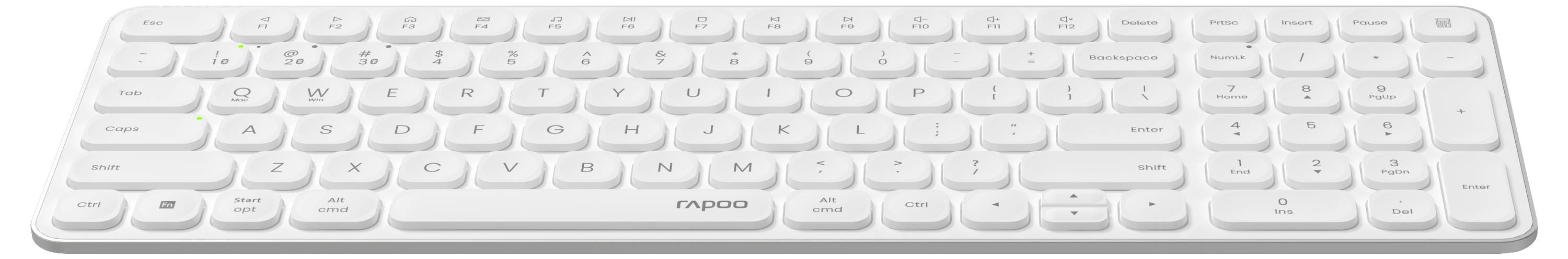 Weiße kabellose Tastatur mit flachen Tasten und Ziffernblock auf neutralem Hintergrund.