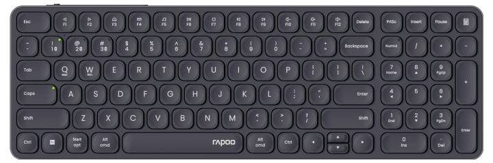 Kompakte schwarze kabellose Tastatur mit abgerundeten Tasten, Nummernblock und zentriertem 