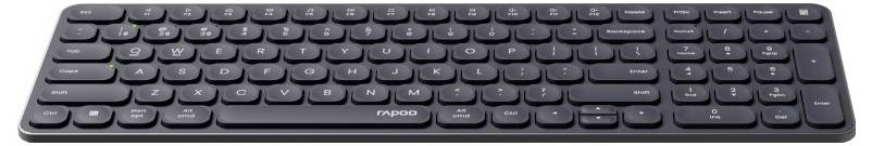 Drahtlose schwarze Vollsize-Tastatur mit flachen Tasten und Nummernblock, wahrscheinlich eine Computertastatur.