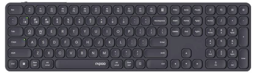 Draufsicht einer kompakten schwarzen kabellosen Logitech-Tastatur mit Tasten in Standardgröße und Ziffernblock.