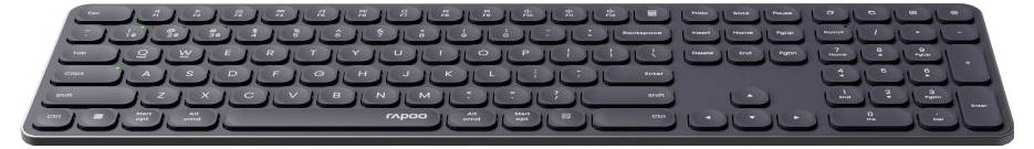 Kabellose Vollformat-Tastatur in Schwarz mit Nummernblock und flachen Tasten auf weißem Hintergrund.
